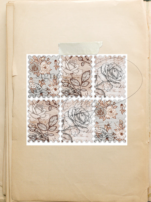 Planche de stickers de 6 faux timbres fleuris